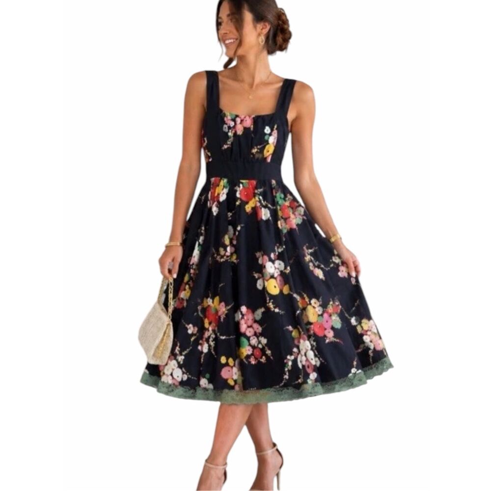 MOULINETTE SOEURS ANTHROPOLOGIE Floral Silk Fit & Flare Dress Black Size 4